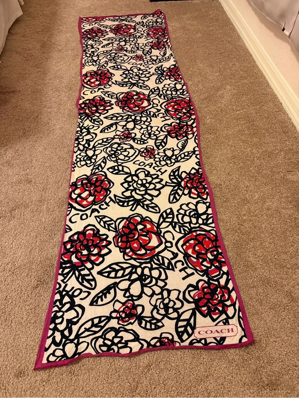 Coach Floral Logo Silk Scarf in White, Red & Black with Pink Trim